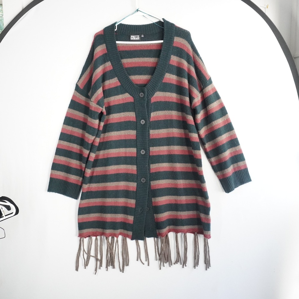 Pretty Damage Cardigan Large Striped Fringe Green Pink Oversized Sweater Boho